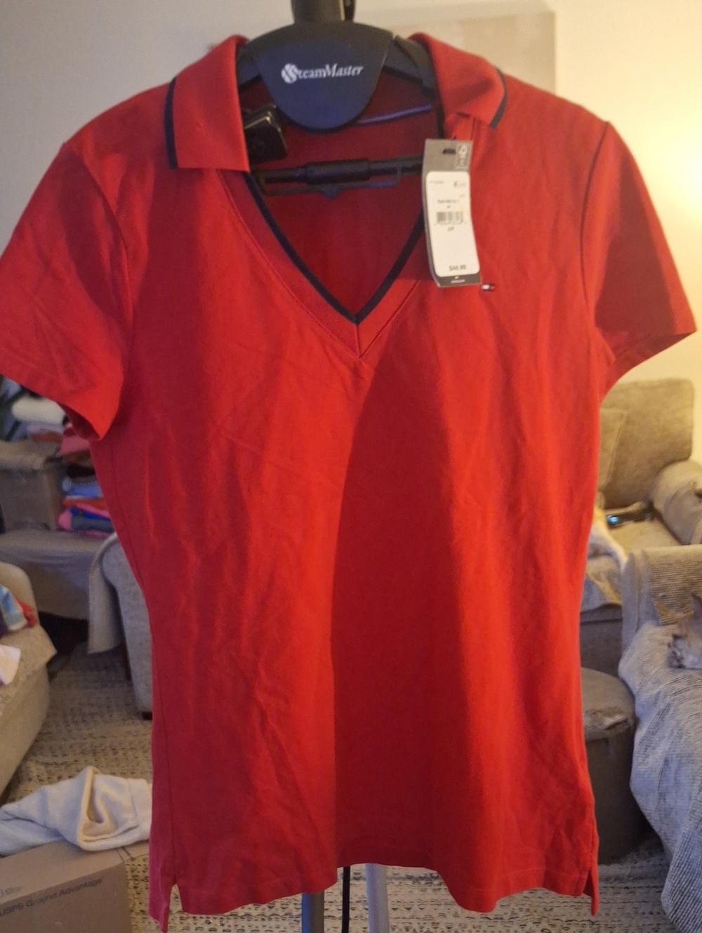 Tommy Hilfiger Red V-Neck Polo Tee with Navy Trim